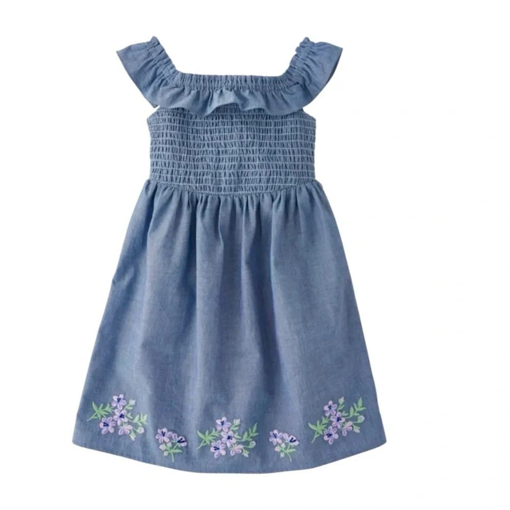 Gymboree Blue Embroidered Floral Smocked Chambray Flutter Dress 5T NWT